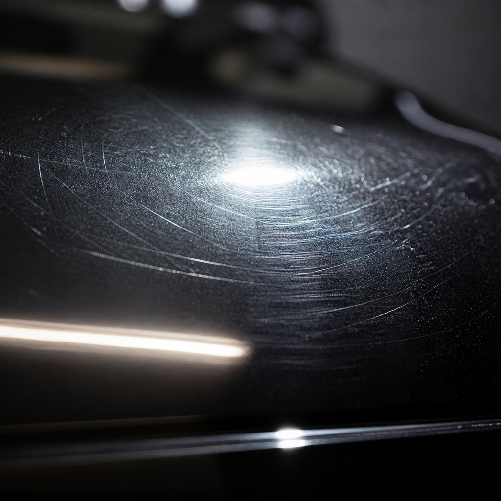 Close-up of car paint surface with visible swirl marks and fine scratches under bright lighting