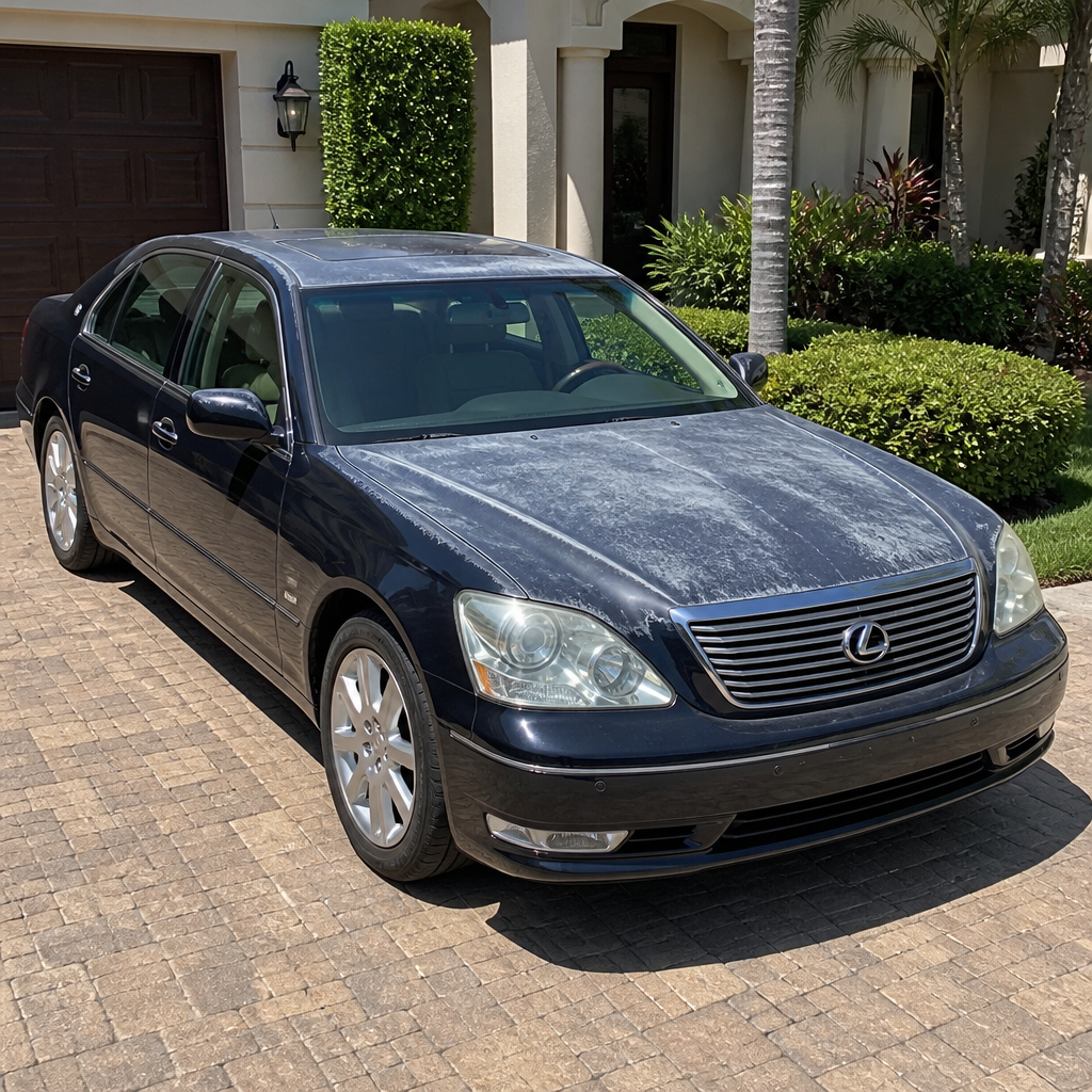 Luxury car showing oxidized and faded paint on horizontal panels in sunlight