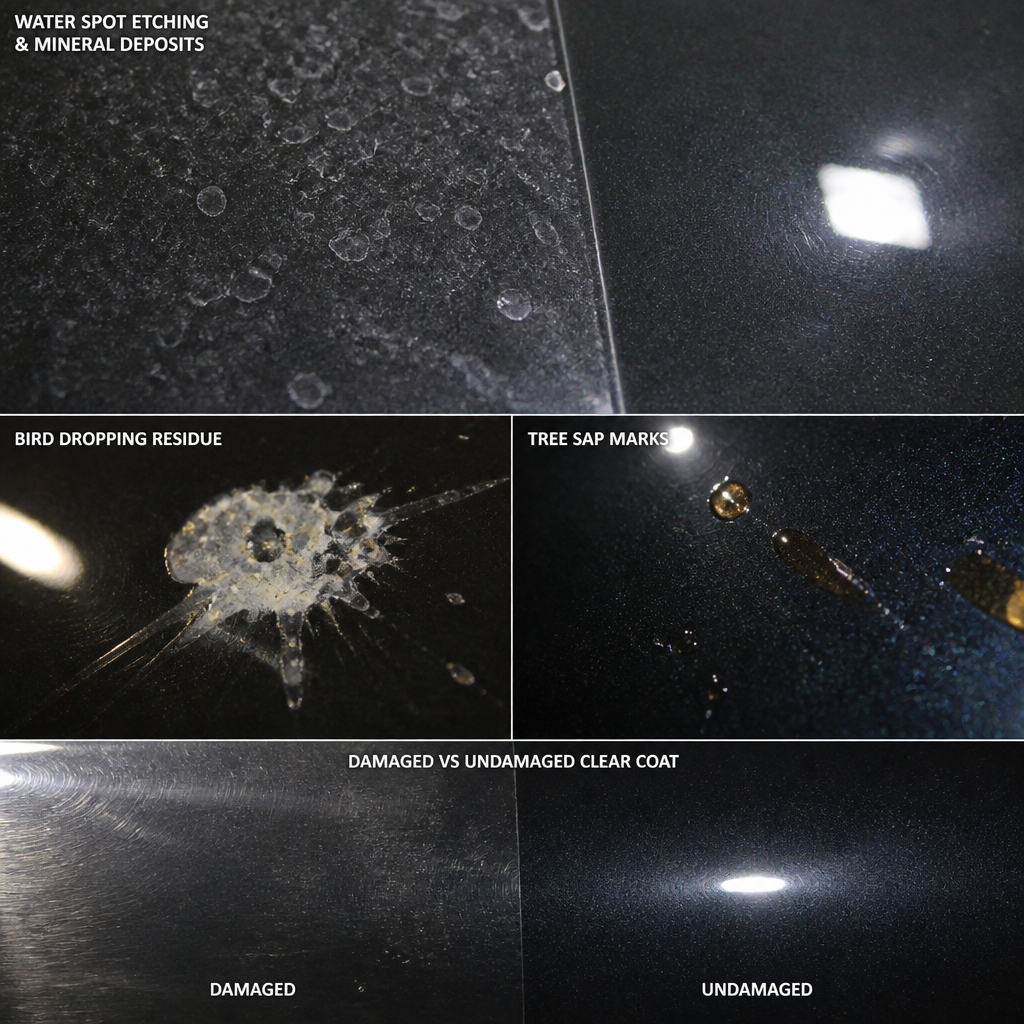 Water spots and chemical etching damage on car paint surface from mineral deposits and environmental contaminants