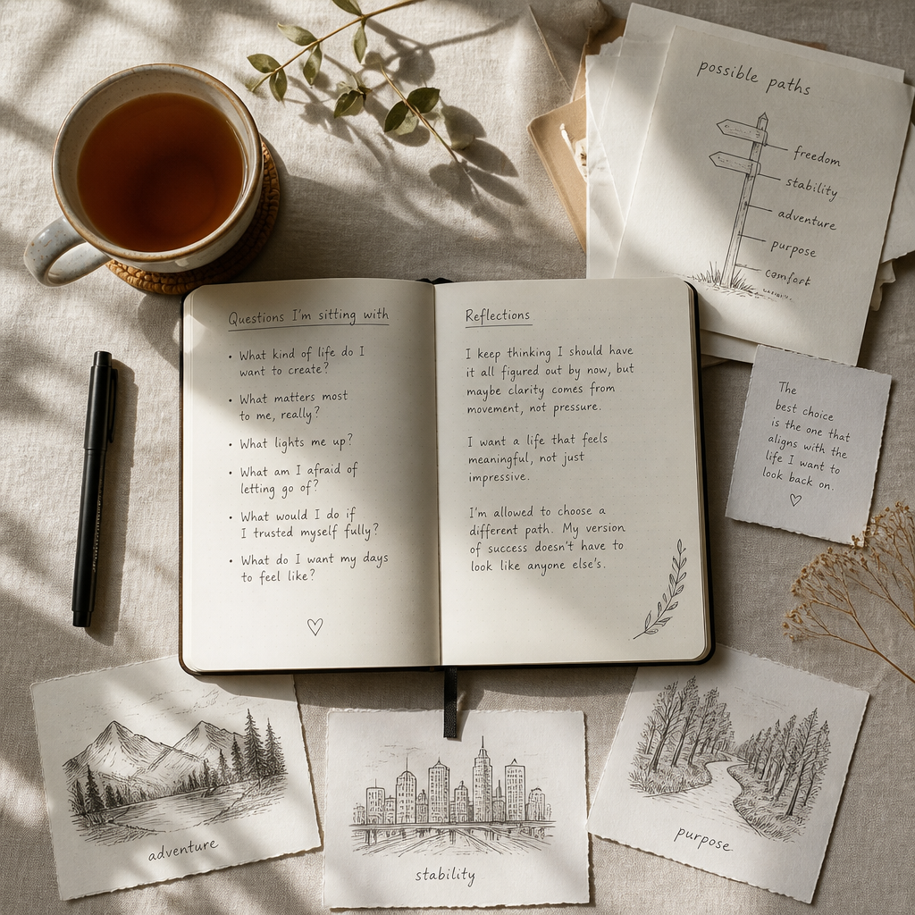 Reflective journaling scene with tea and notes for self-examination