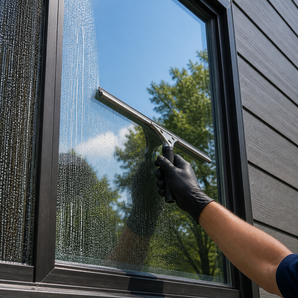 Close-up of professional window cleaning with squeegee and water on residential glass.