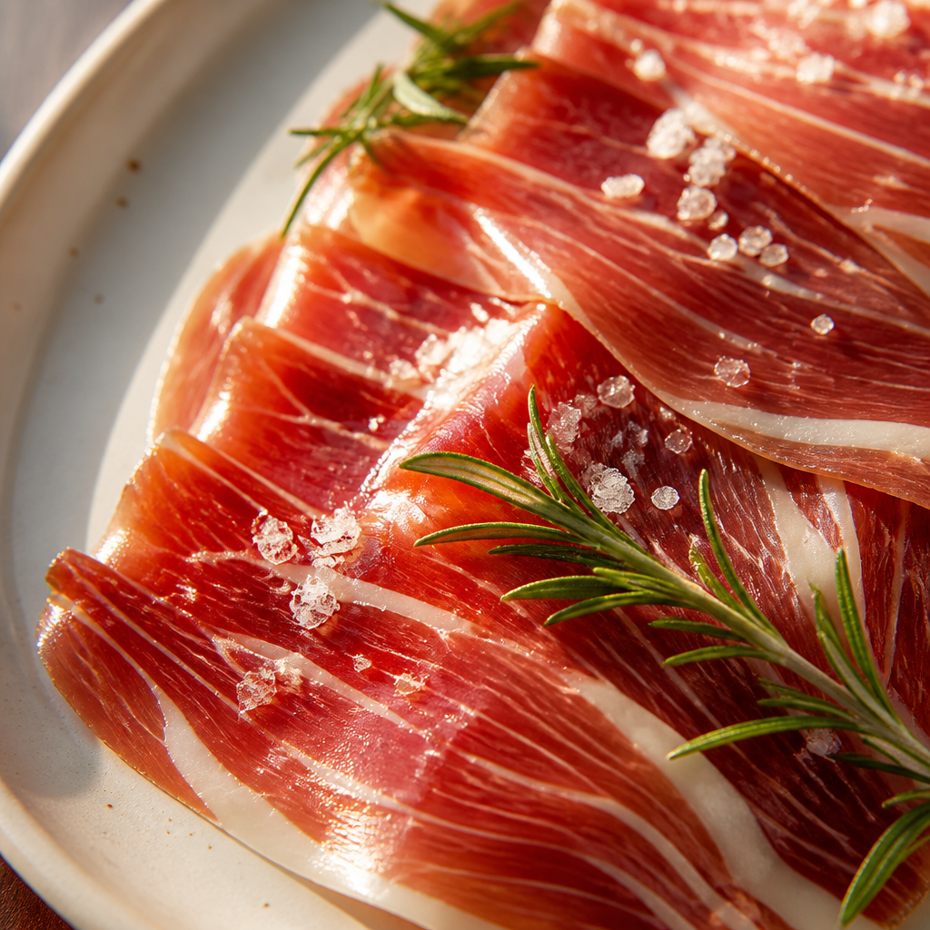 Detalle de jamón ibérico premium en presentación gastronómica elegante