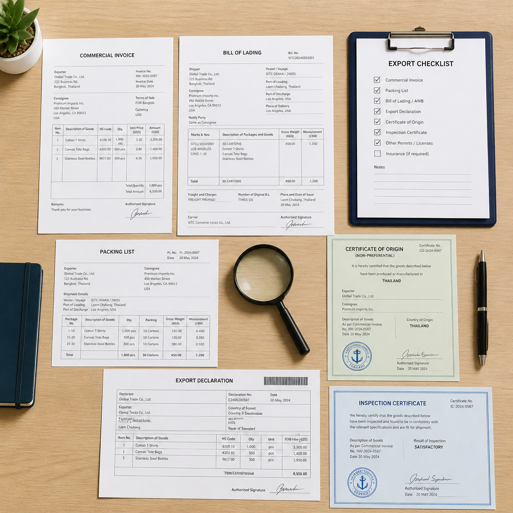 Organized export documents and compliance paperwork on desk