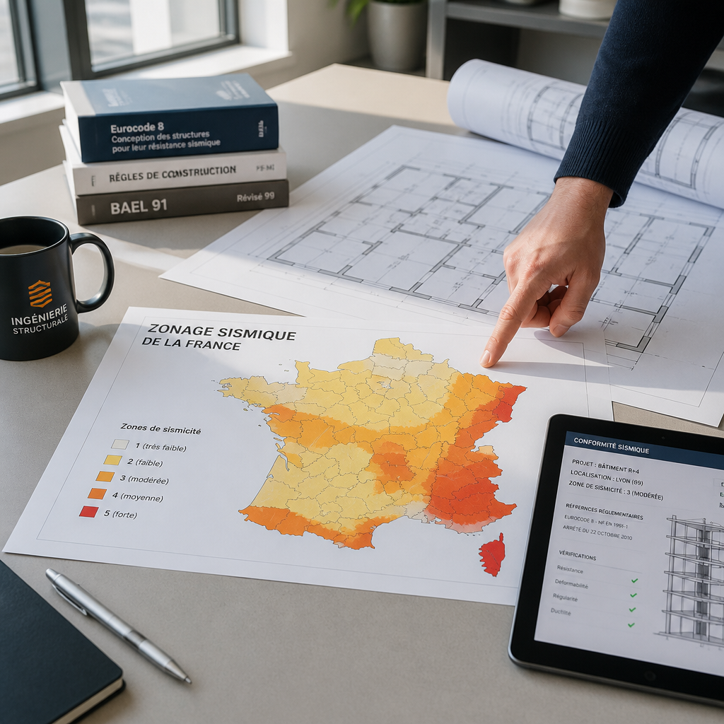 Bureau d'ingénieur structural avec carte des zones sismiques de France et plans architecturaux