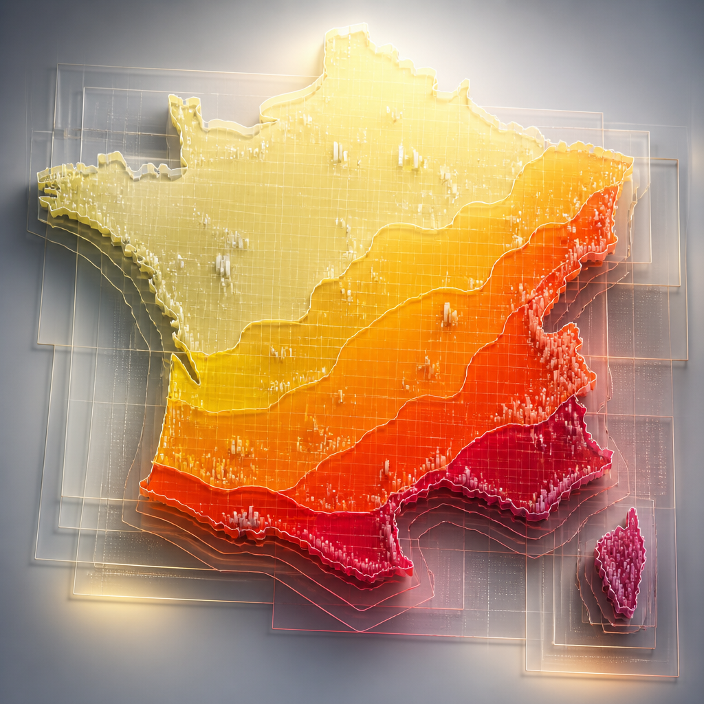 Représentation graphique abstraite des 5 zones sismiques françaises en couleurs graduées