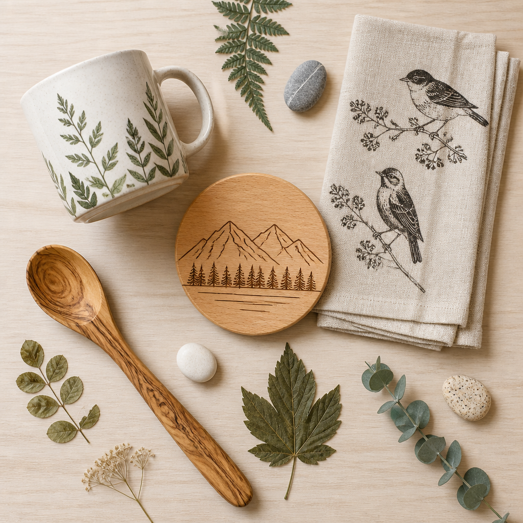 Collection of nature-themed household products with botanical and outdoor motifs arranged on wood