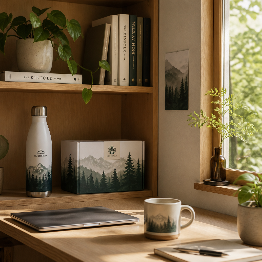 Serene home shelf display featuring nature-themed products in an eco-conscious interior setting