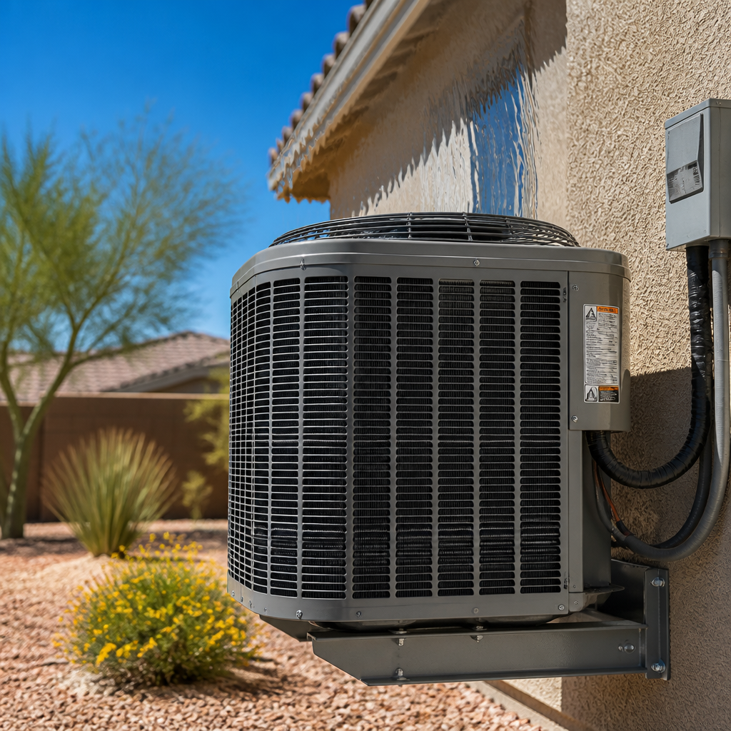 Modern air conditioning condenser unit operating during Phoenix summer heat