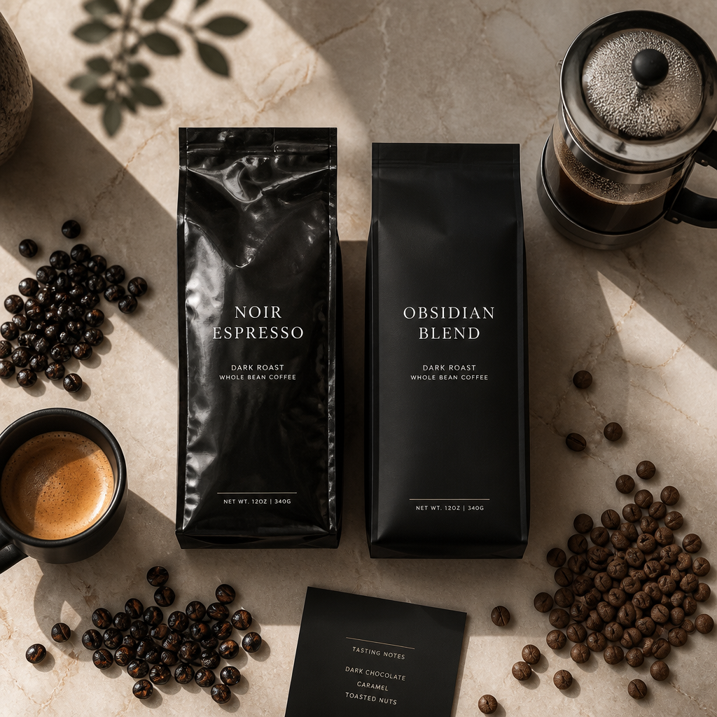 Two dark roast coffee bags displayed with whole beans, espresso cup, and cafetiere showing texture and roast differences