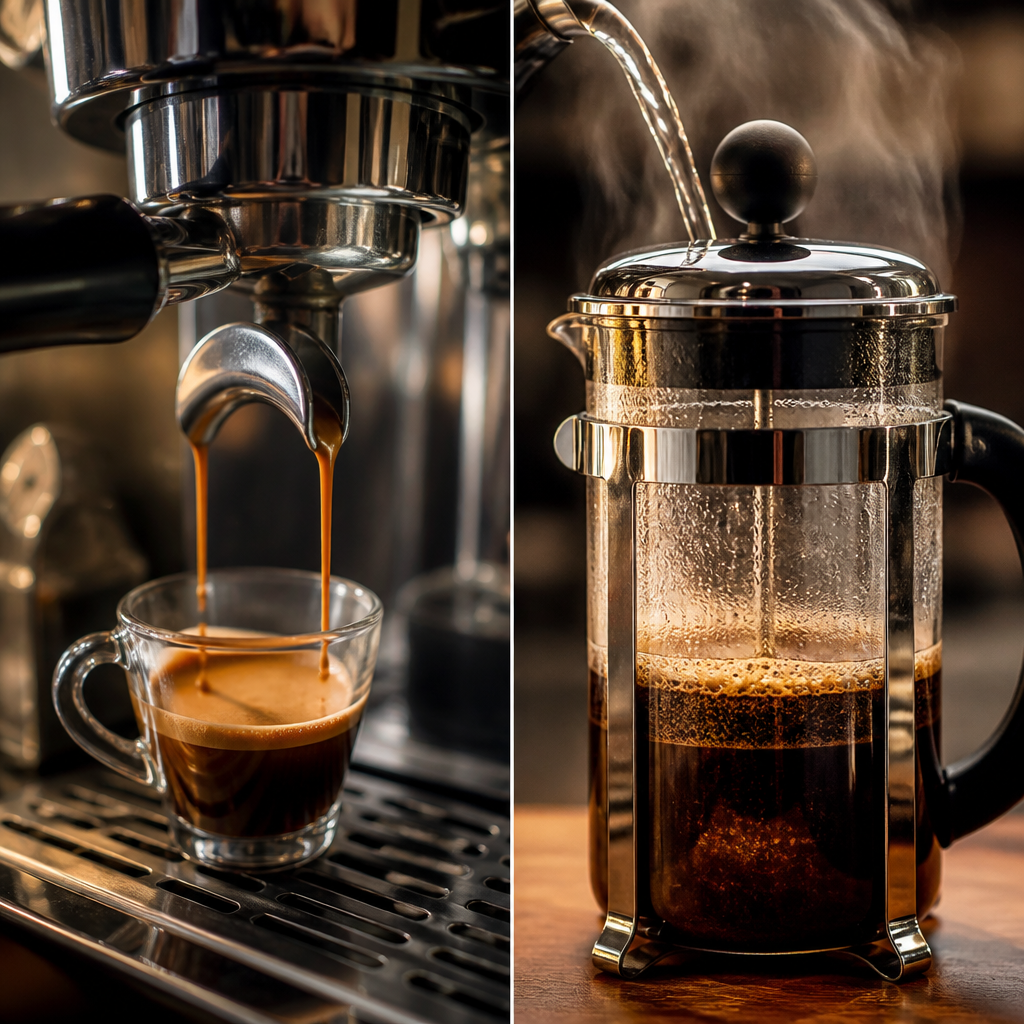 Espresso machine brewing versus cafetiere brewing methods shown in comparison