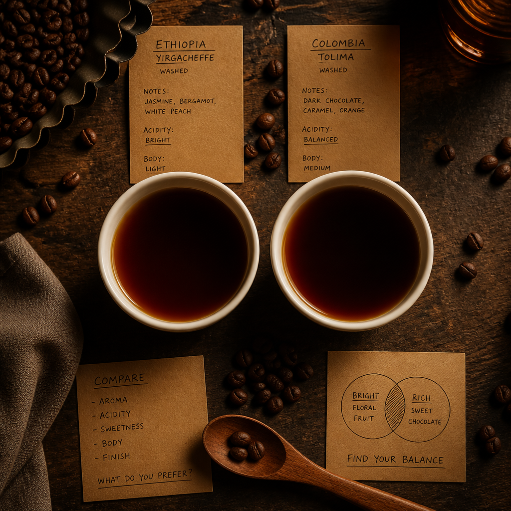 Coffee tasting setup with sample bowls, flavor notes, and roasted beans arranged for comparison