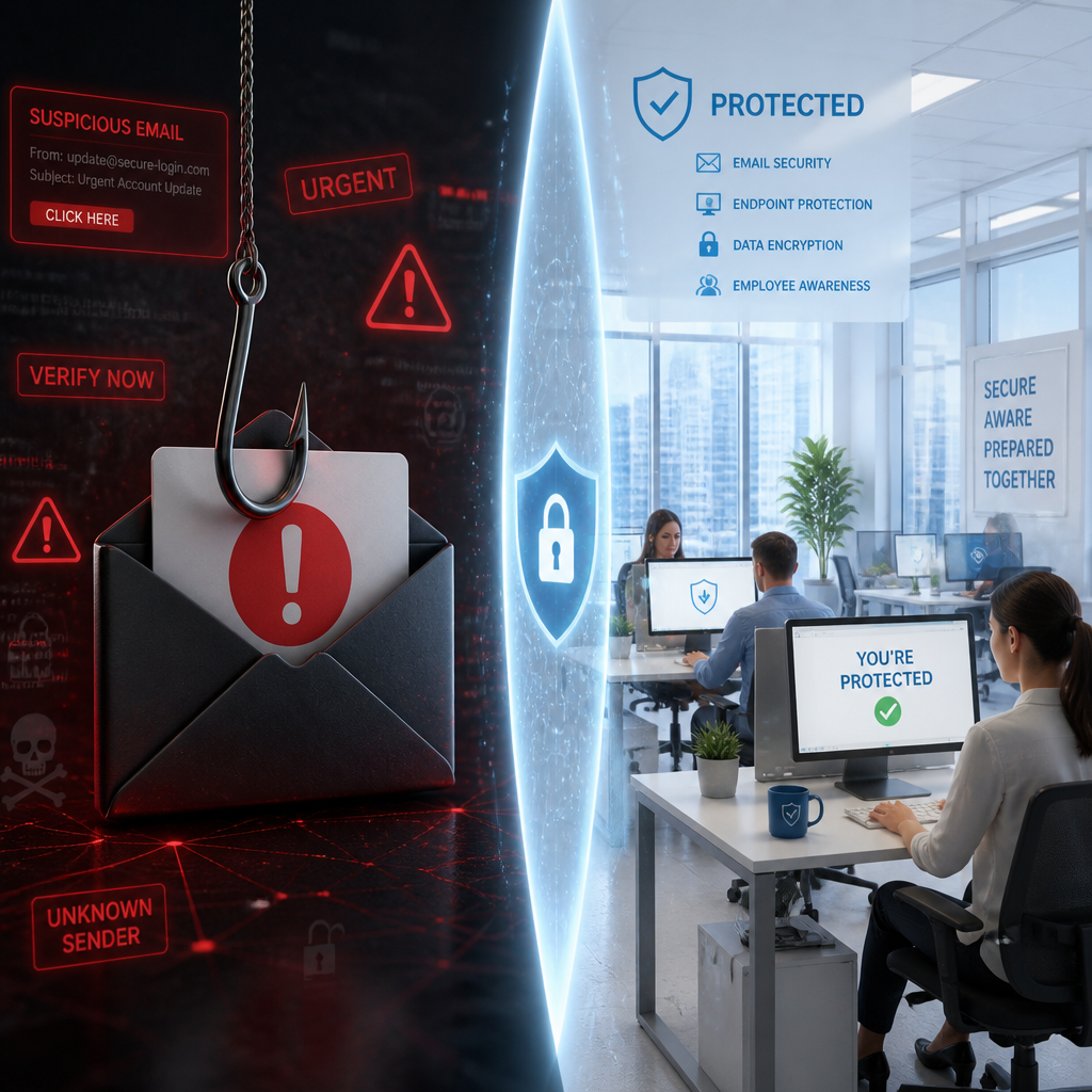 Illustration af phishing-trussel kontra sikker arbejdsmiljø