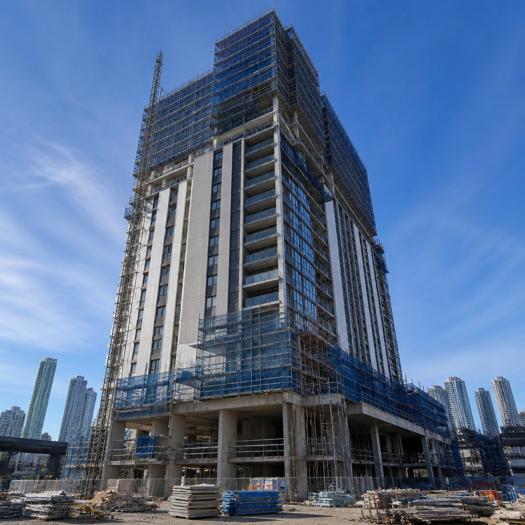 Multi-story residential tower in Brisbane during construction phase with scaffolding