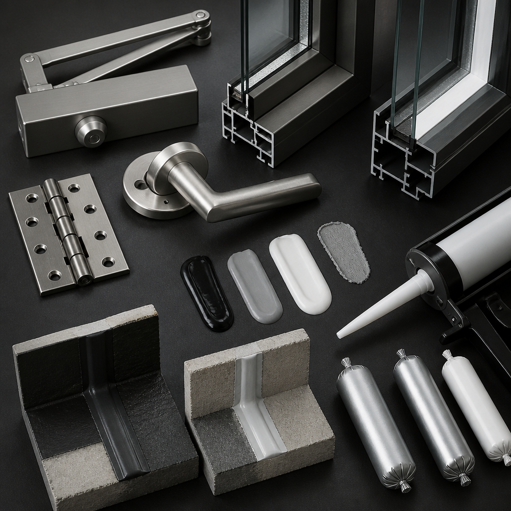 Building inspection detail components including fire doors, waterproofing materials, and window fixtures