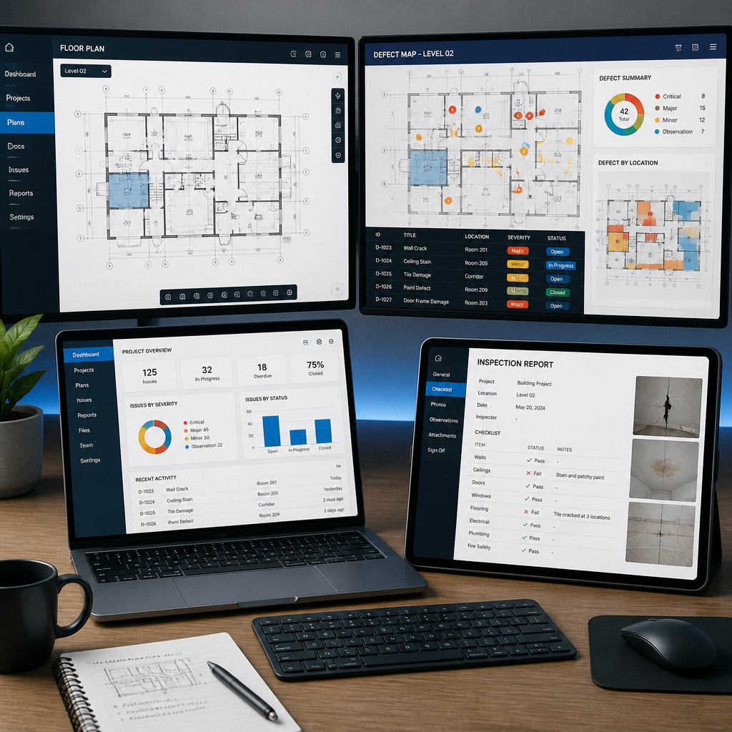Digital inspection management workspace with architectural plans and defect report documentation displayed