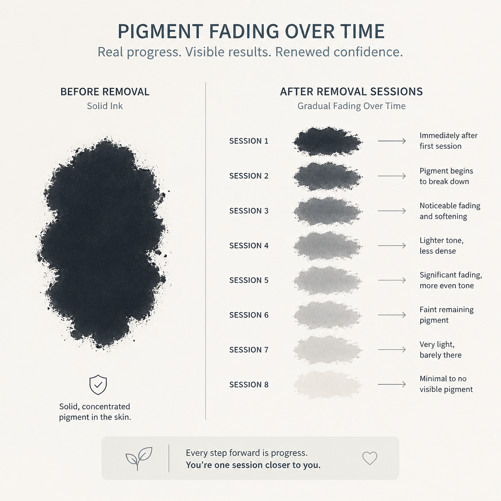 Visual timeline showing progressive ink fading through multiple tattoo removal sessions