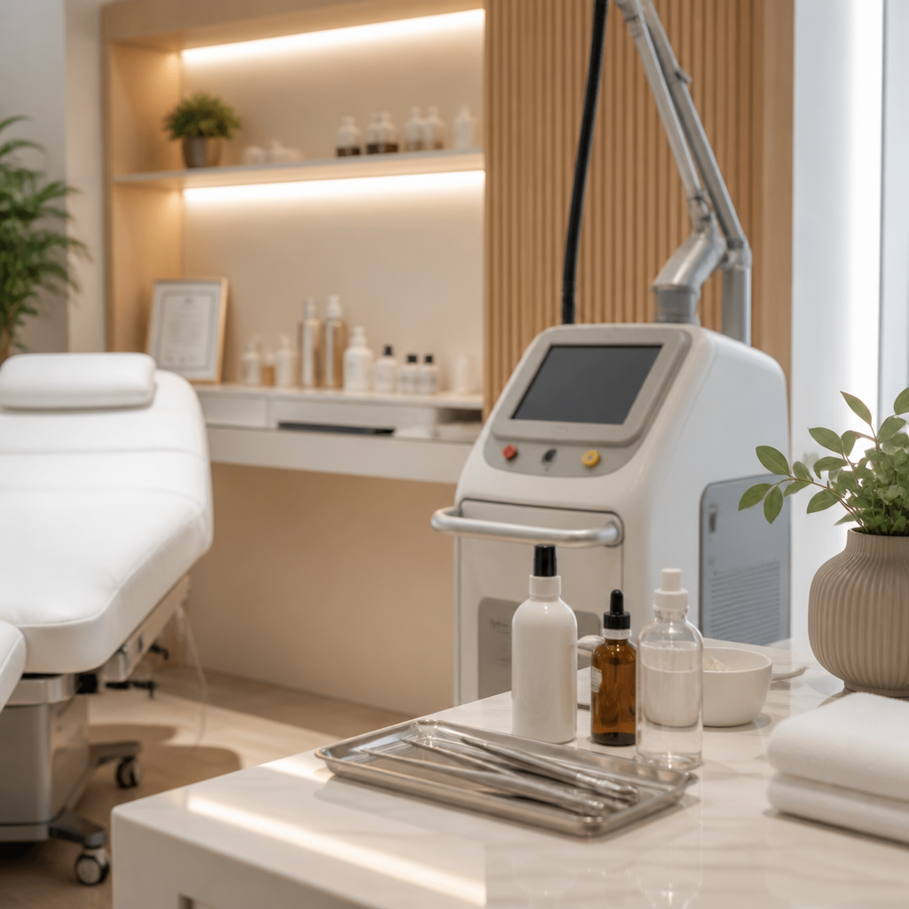 Professional tattoo removal clinic workspace with laser treatment equipment