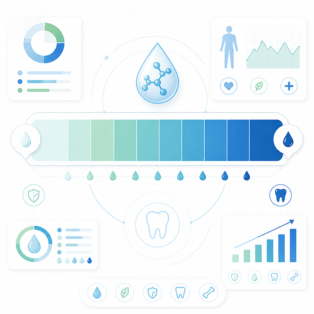 Fluoride concentration spectrum scale with healthcare data visualization elements