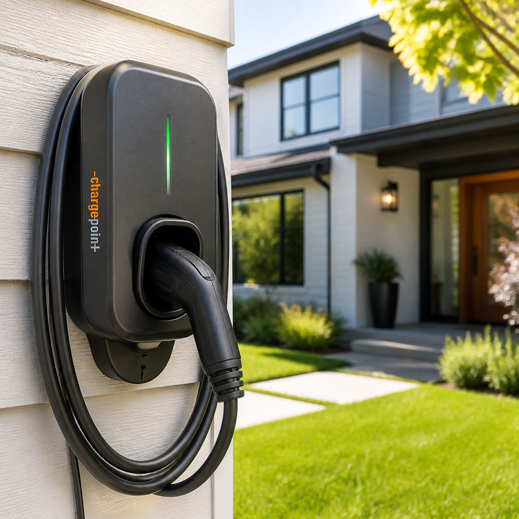 Level 2 EV charger mounted on residential home exterior wall