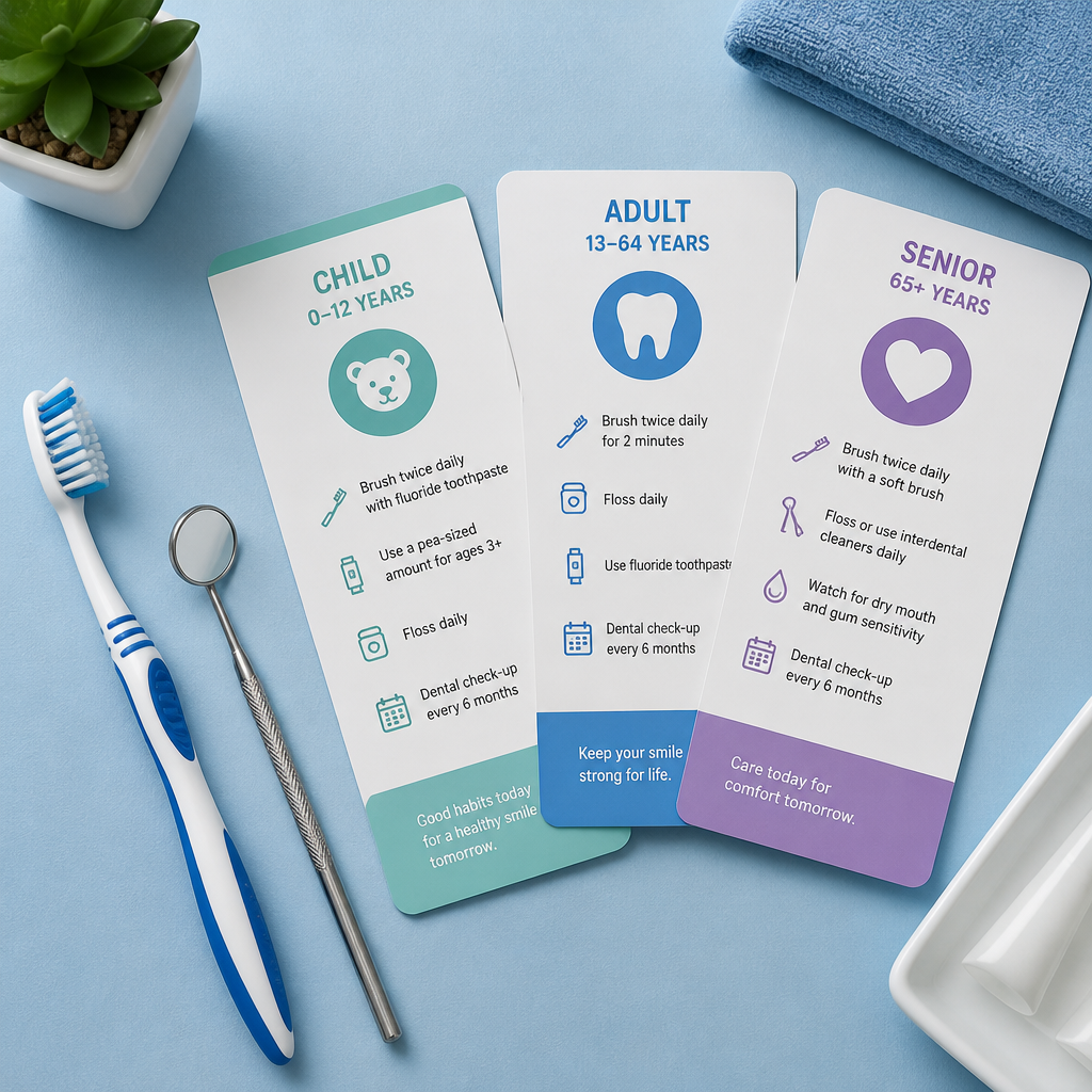 Dental care workspace with age-based guideline reference cards and oral hygiene tools