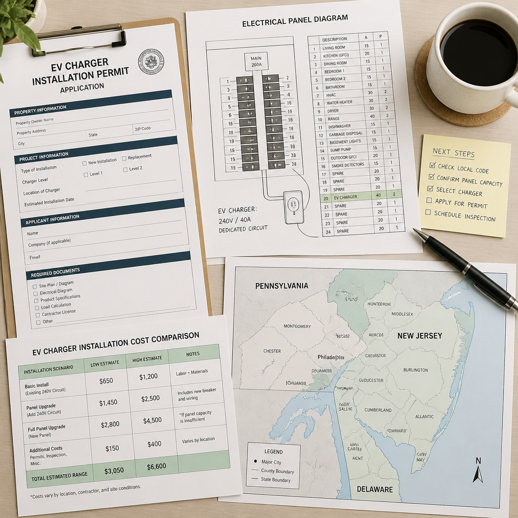 Home EV charger installation planning documents and regional maps on desk