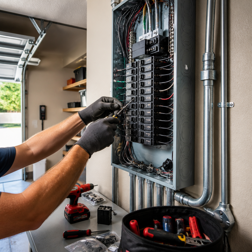 Electrician working on residential electrical panel for EV charger installation