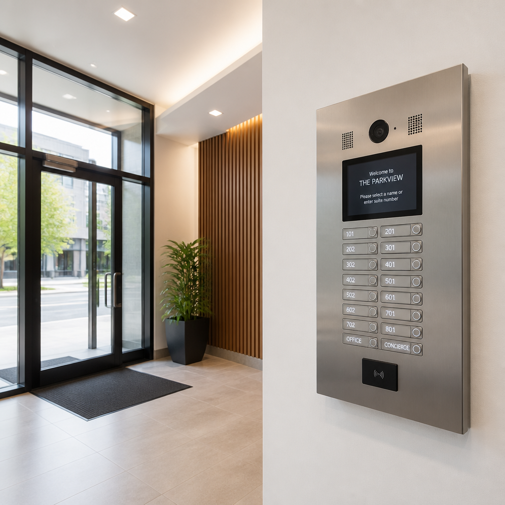 Modern intercom system panel mounted in an apartment building lobby entrance