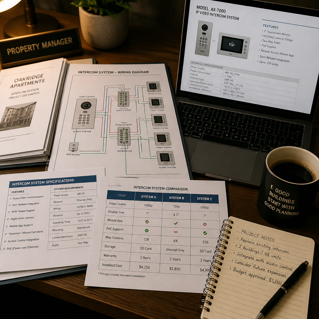 Property manager's workspace with intercom system planning documents and comparison charts
