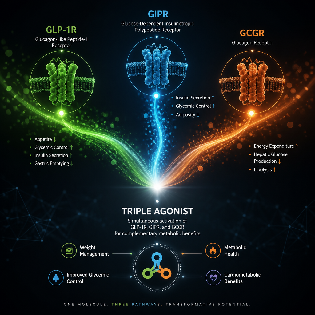 Abstract data visualization depicting three interconnected receptor pathways with glowing light trails converging at center