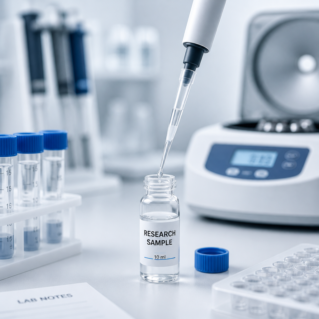 Pharmaceutical research laboratory setup with pipette dispensing liquid into vial, emphasizing precision and quality standards