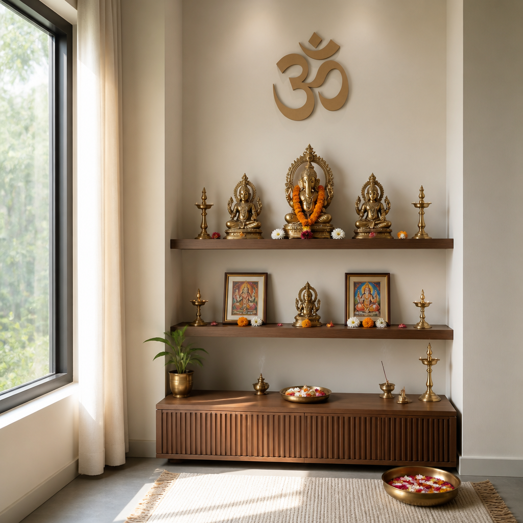 Organized home shrine with deity statues and puja essentials in bright natural light