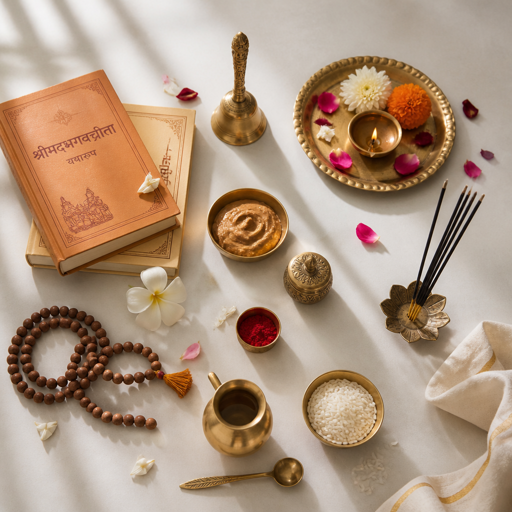 Flat lay of puja ritual items and devotional essentials arranged on neutral background