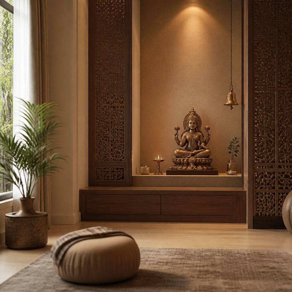 Close-up of properly placed deity statue with lighting and sacred objects in meditation corner