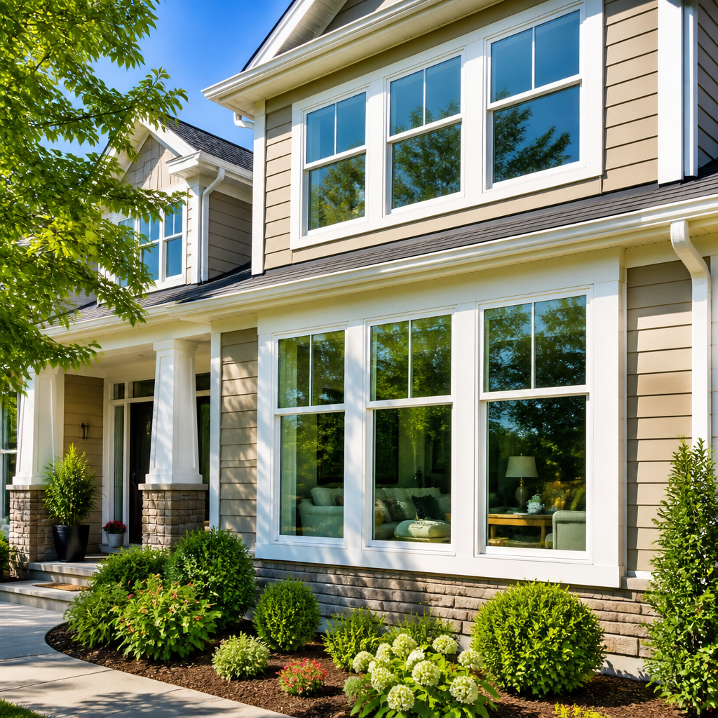 Freshly cleaned residential windows reflecting a clear summer sky with bright sunlight