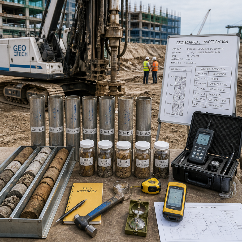 Équipements et outils de reconnaissance géotechnique sur un chantier de construction