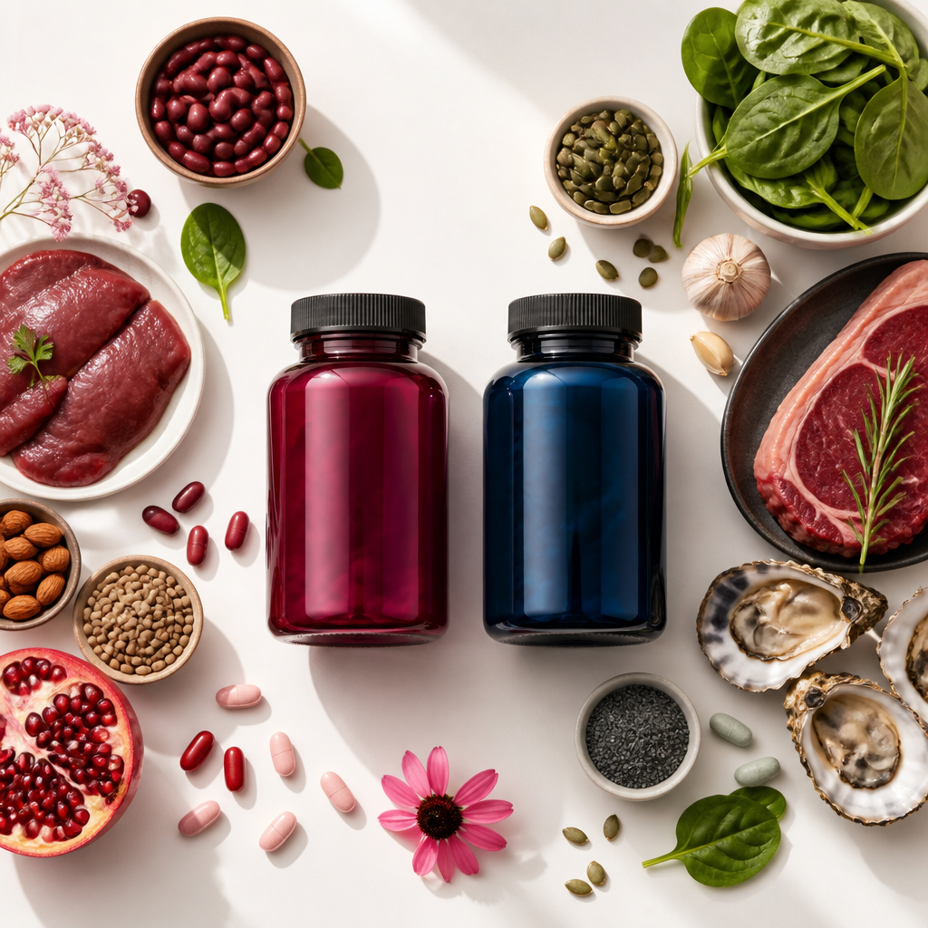 Two multivitamin bottles displayed with nutrient-rich foods representing gender-specific formulas