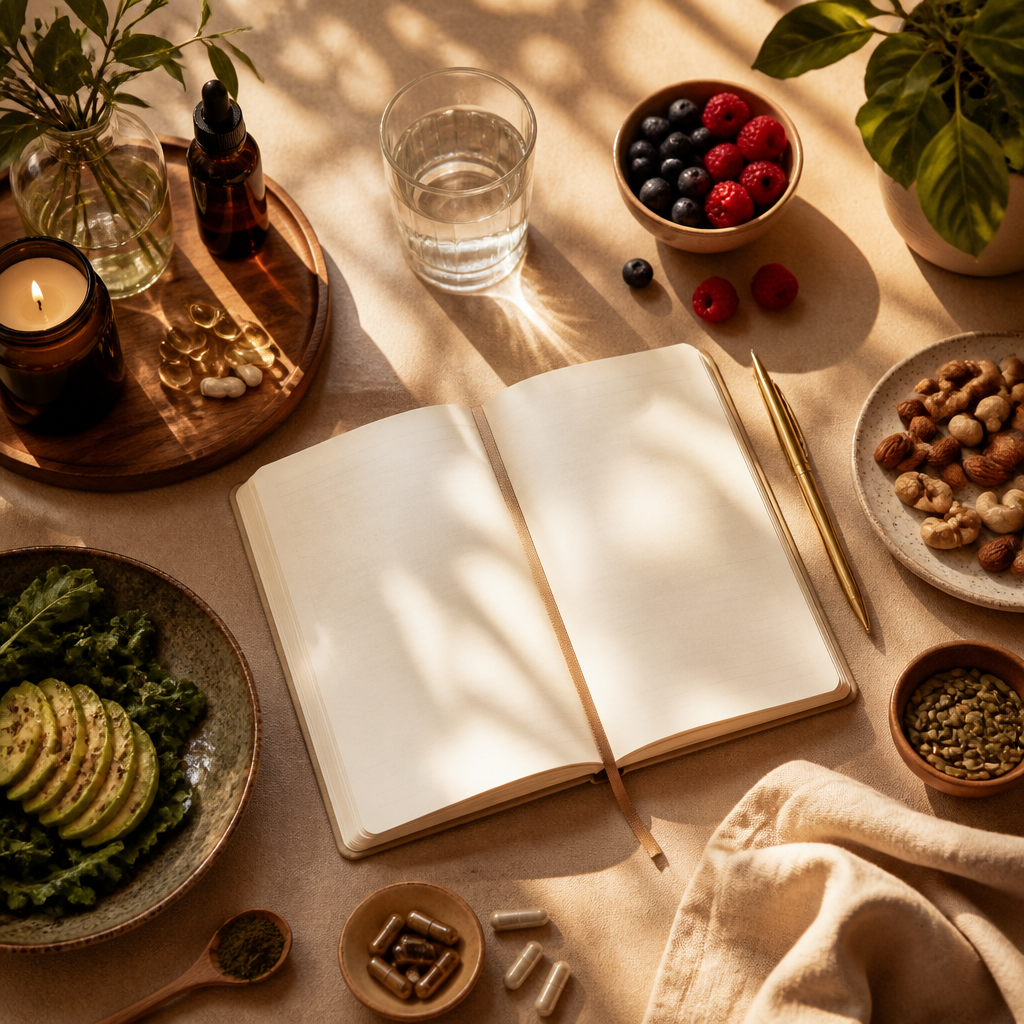 Wellness planning workspace with health journal and nutritious foods representing personalized nutrition choices