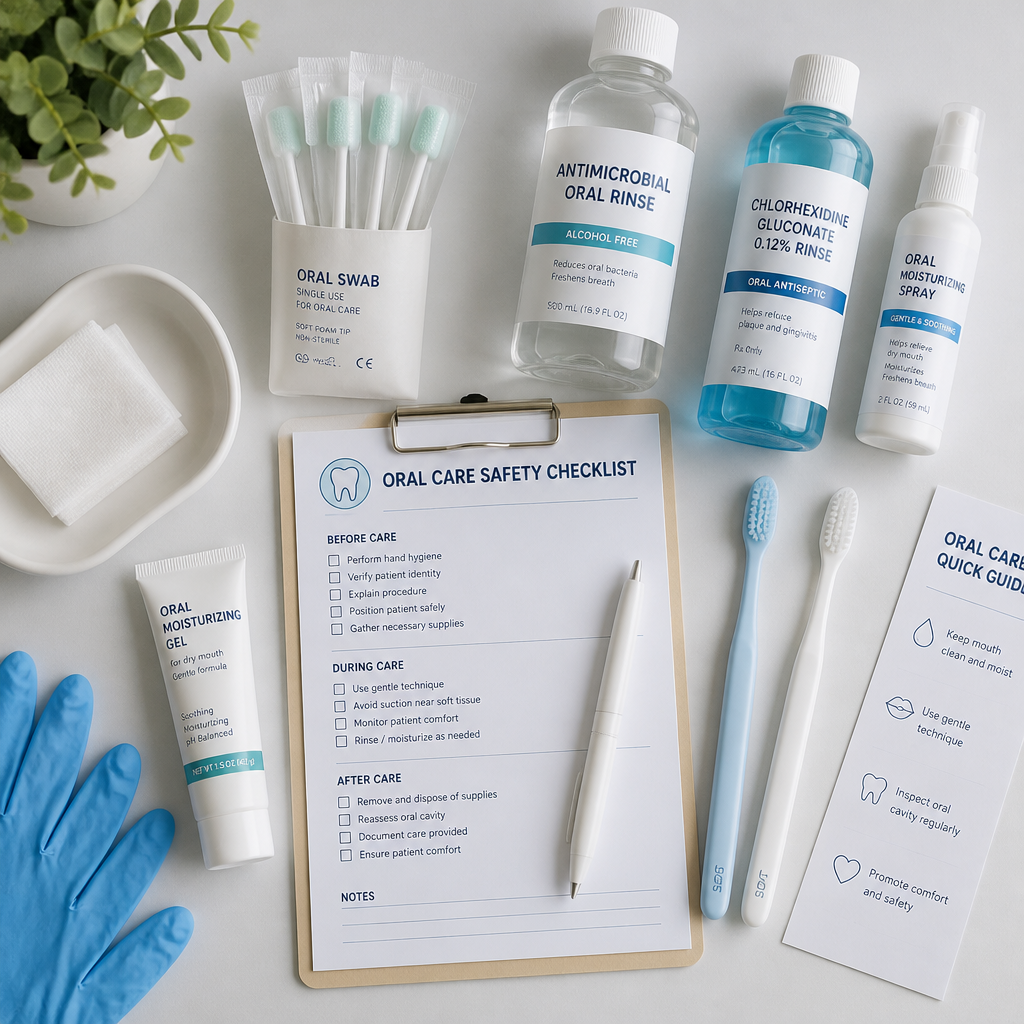 Array of medical oral care products and safety checklists arranged on a clinical workspace