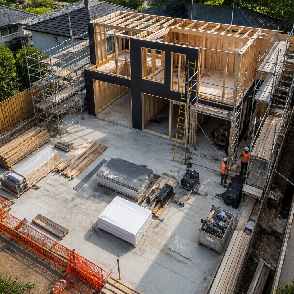 New home construction site with building materials and framework visible