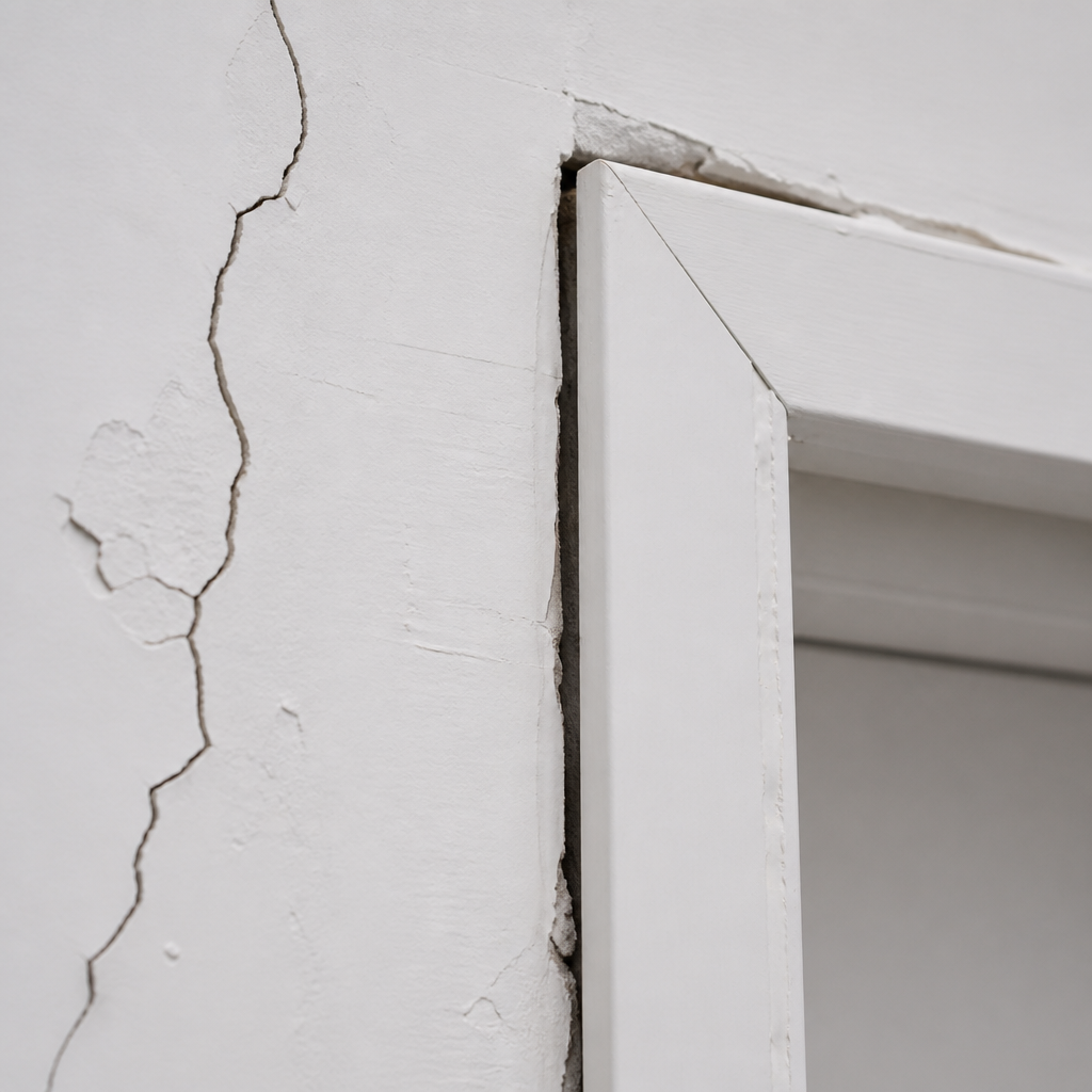Close-up of construction defects including cracks, gaps, and poor finishes
