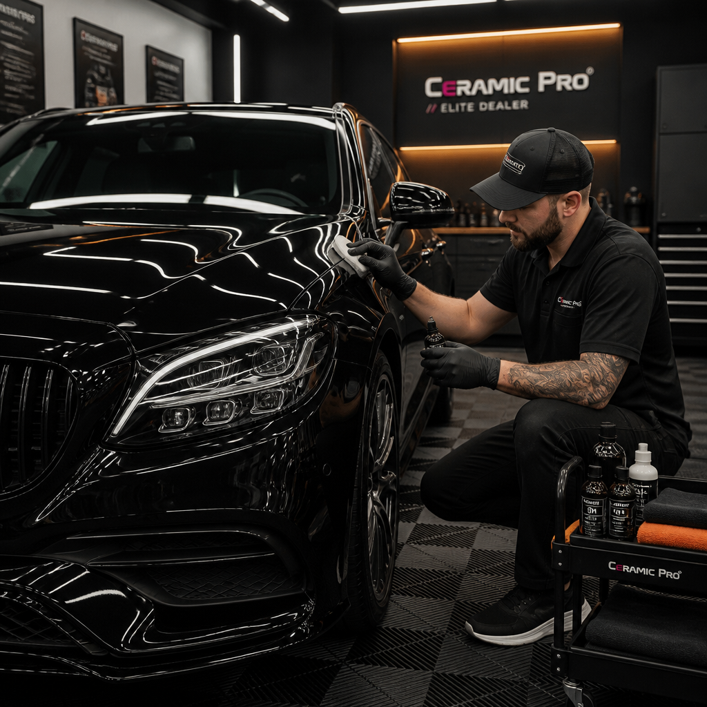 Professional detailing technician applying ceramic coating to a luxury vehicle in a modern workspace