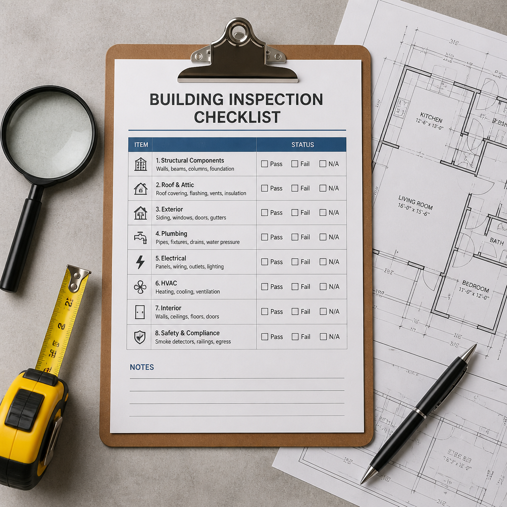 Pre-handover inspection tools and checklist arranged on a workspace
