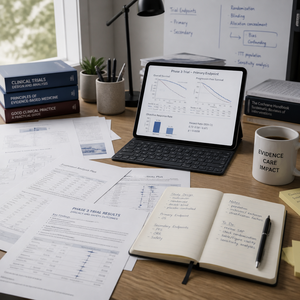 Clinical researcher workspace with phase 3 trial documentation and metabolic study materials