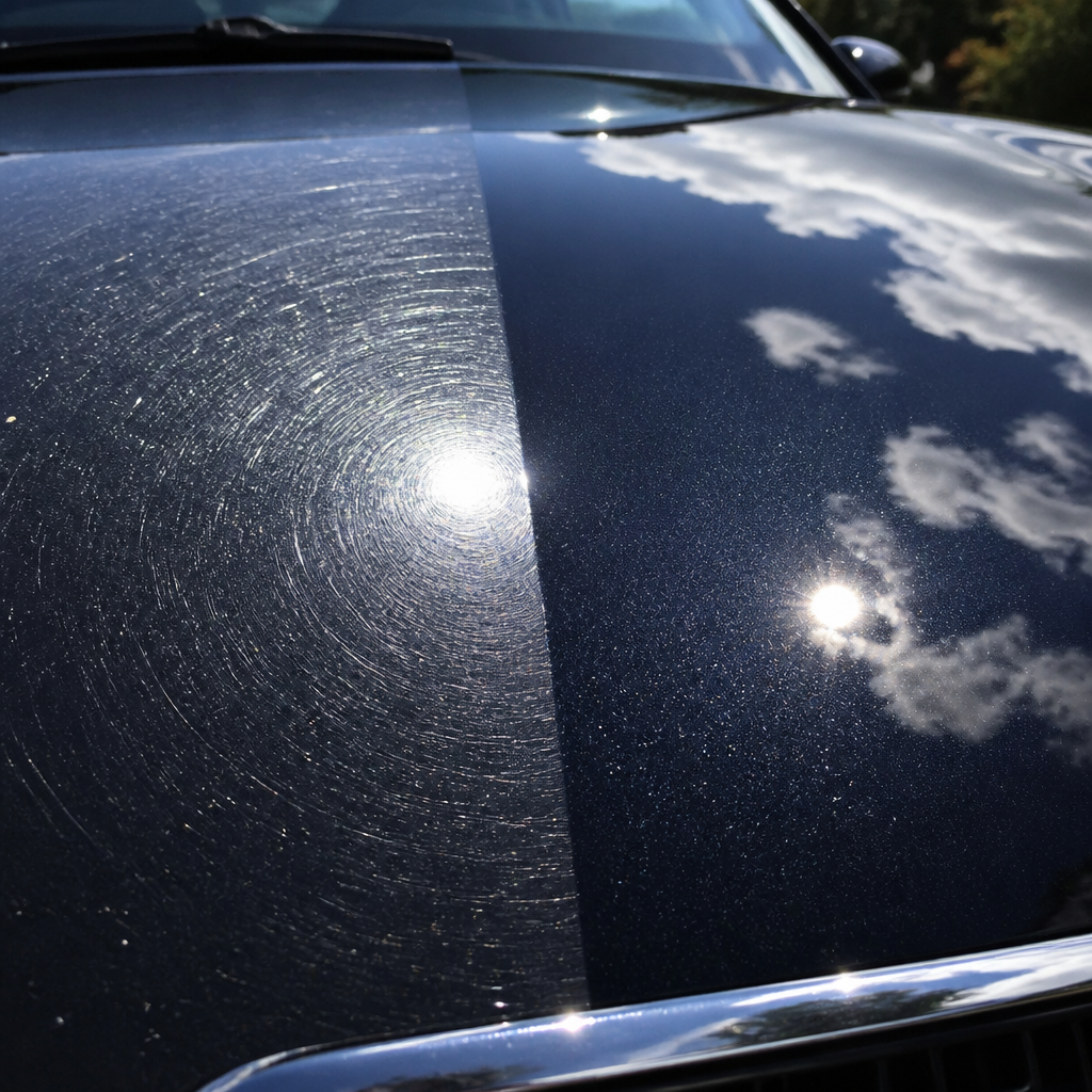 Before-and-after detail of car paint correction showing swirl mark removal and glossy finish