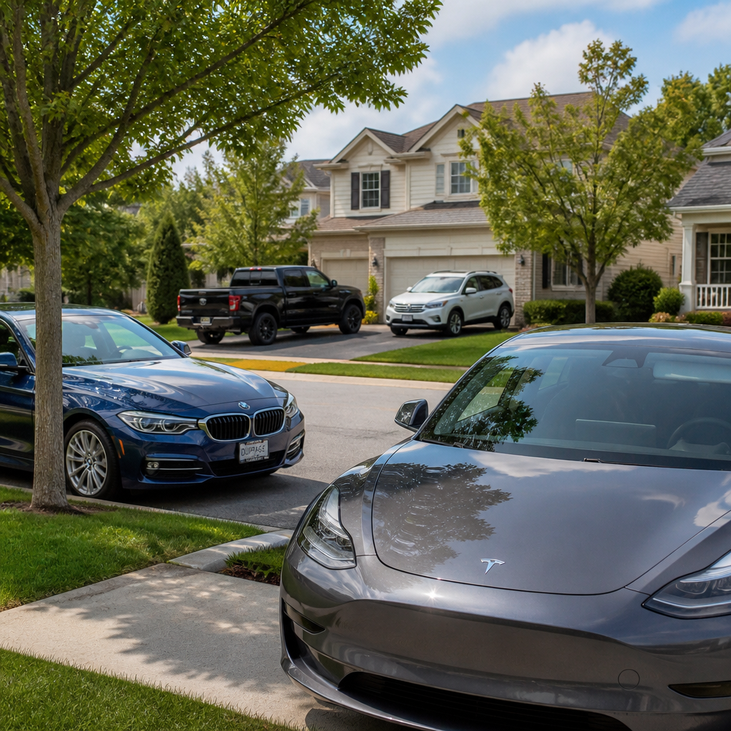 Well-maintained vehicles in a suburban Carol Stream neighborhood showcasing quality detailing results