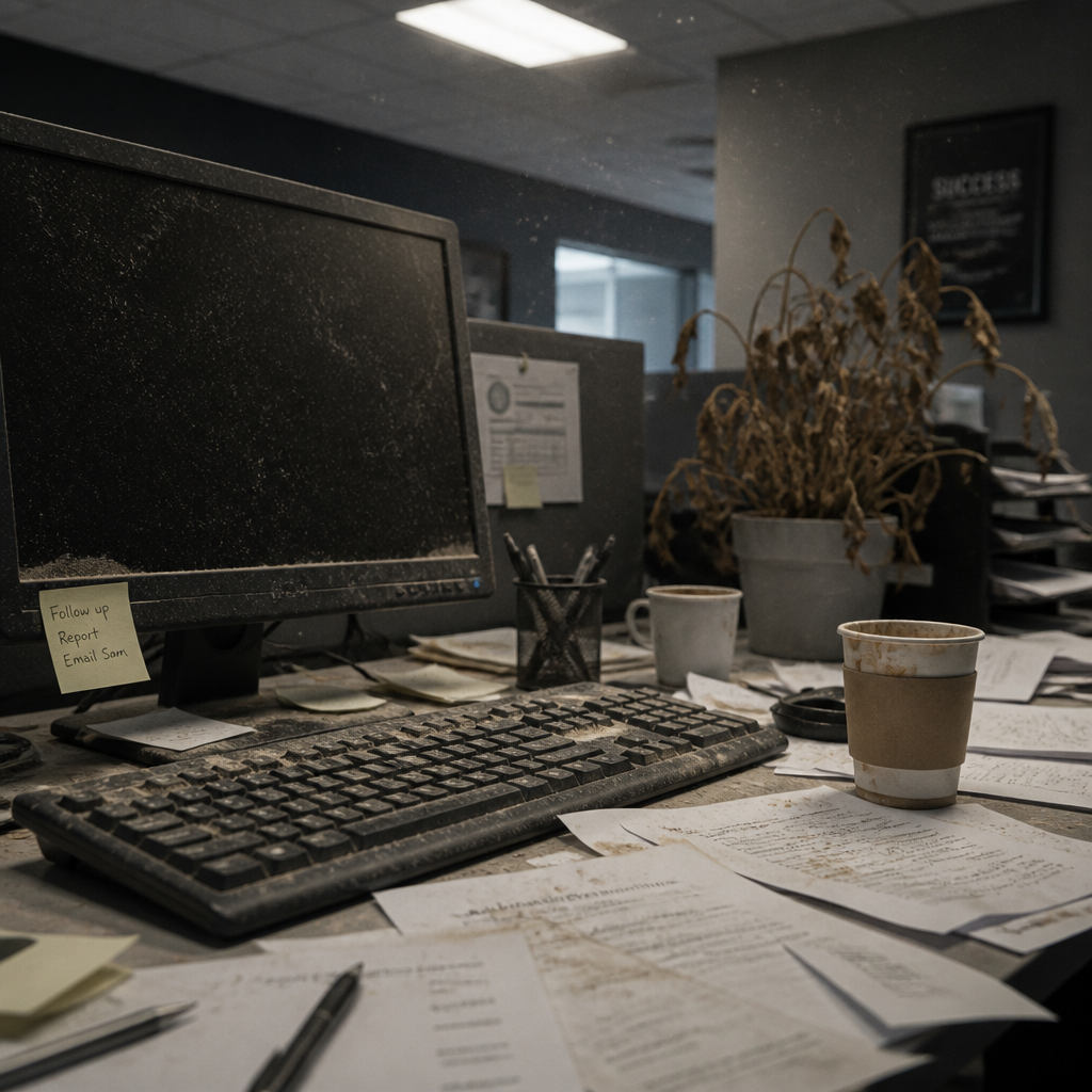Neglected office desk with dust, clutter, and abandoned items indicating poor workplace maintenance