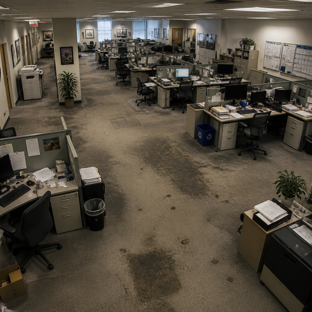 Open-plan office space with worn carpeting, cluttered desks, and signs of deferred maintenance throughout