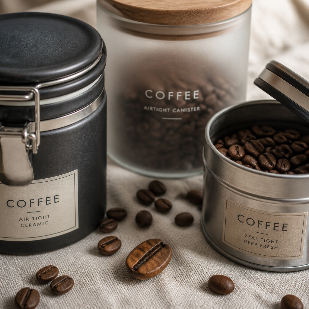Selection of airtight coffee storage containers with whole beans on linen surface