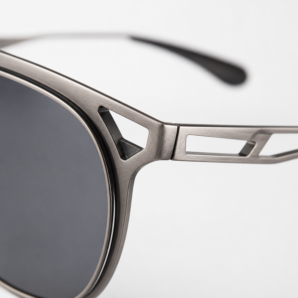 Precision-engineered titanium sunglasses frame with geometric details on white background