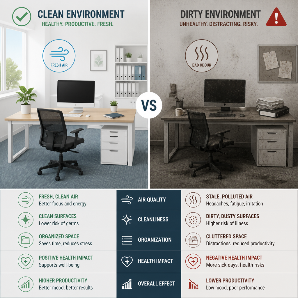 Before-and-after comparison infographic showing clean versus neglected office conditions with health and cleanliness indicators
